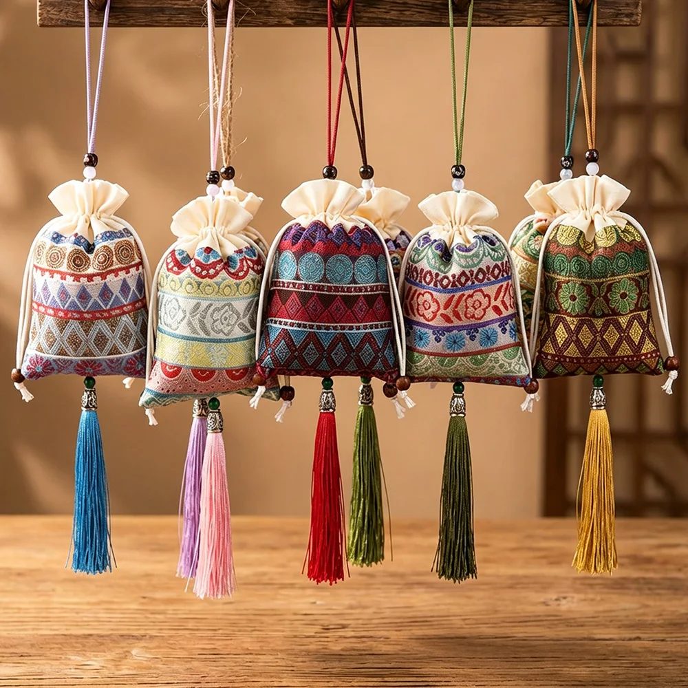 Vintage ethnic brocade embroidered empty sachet, fabric fragrance pouch with drawstring closure, paired with a tassel pendant, can be DIY filled with mugwort, dried flowers, or spices. It can be used as a car hanging decoration or a portable neck-hanging accessory. It is a vintage-style home decoration empty sachet, a festive gift accessory, and does not include fragrance materials or inner core