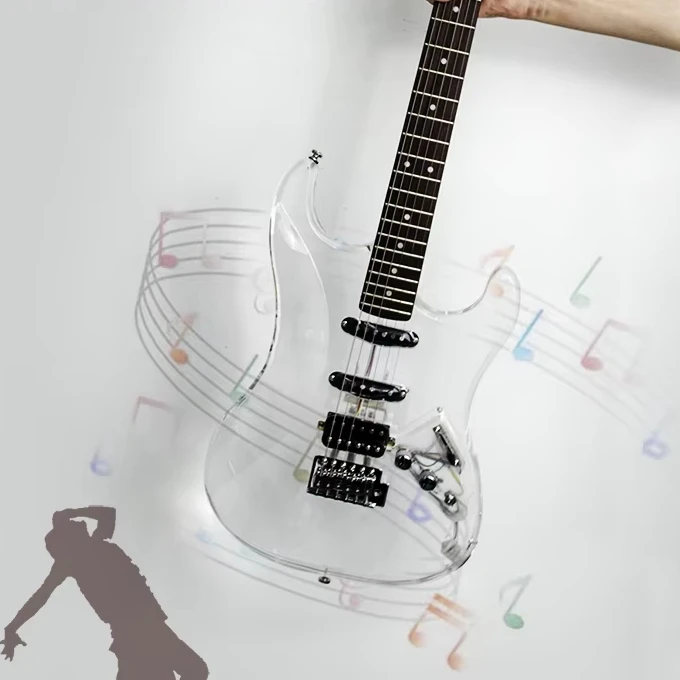 High-quality 6-string acrylic/wood electric guitar for beginners at the entry level with mahogany fretboard and maple neck