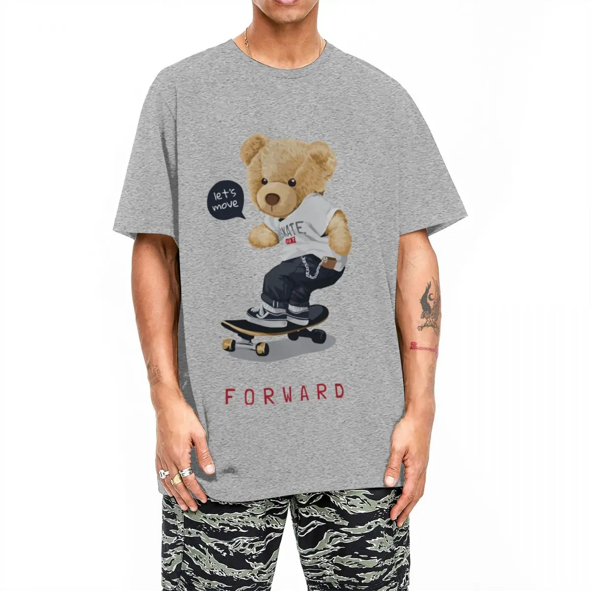 Funny Cute Skate Time T-Shirt Men's O-neck Short Sleeve Tops Skateboarding Teddy Bear Punk 100%Cotton Clothes