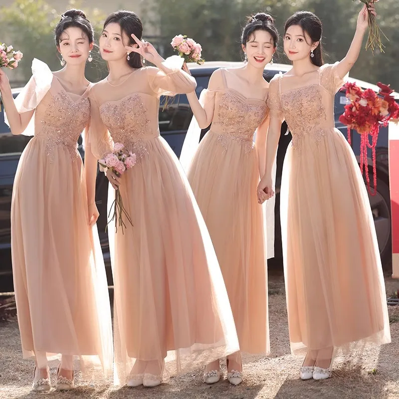 

2024 New Style Women's Maidsmaid Dresses Fashionable Fairy Atmosphere High Waist Long Skirt Short Sleeve Wedding Dresses
