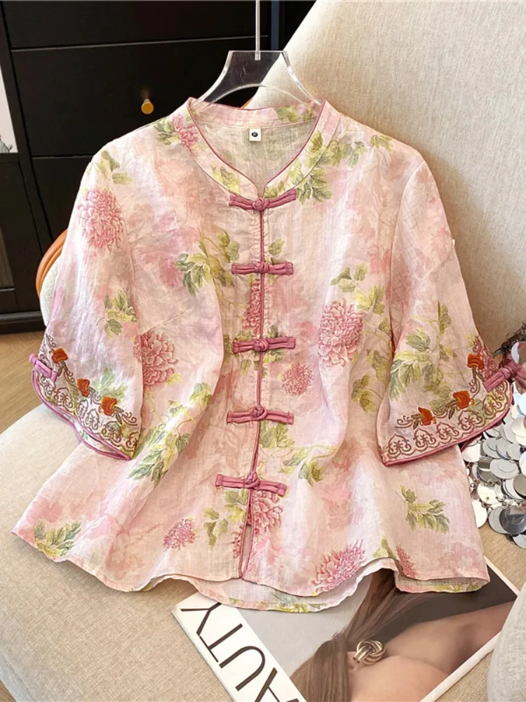 

Retro Flax Print Women's irt Summer Large Size Loose Chinese Sle Embroidery Cotton Linen Top Stand Collar Five Sve Length