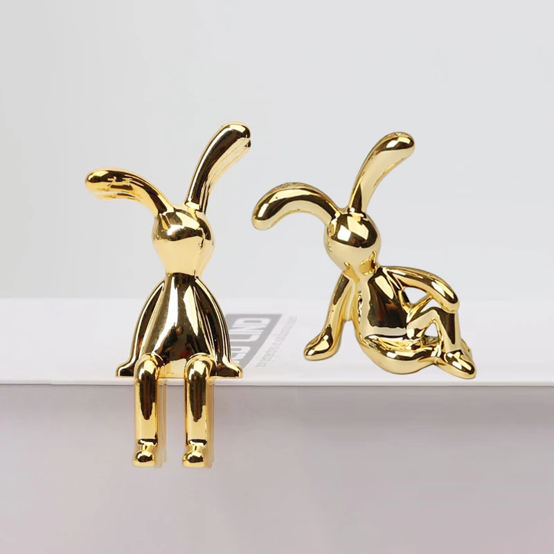 2PCS Gold Silver Long Eared Rabbit Figurine Miniatures Car Decor Pastable Plating Rabbit 3D DIY Statue Home Furnishings Ornament