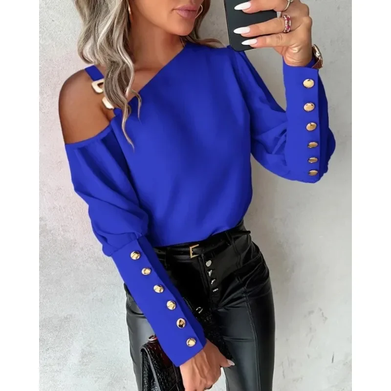 New Women's Autumn Commuter Shirt Metal Buckle Diagonal Neck Off Shoulder Shirt Long Sleeve Button Casual Elegant Women's Shirt