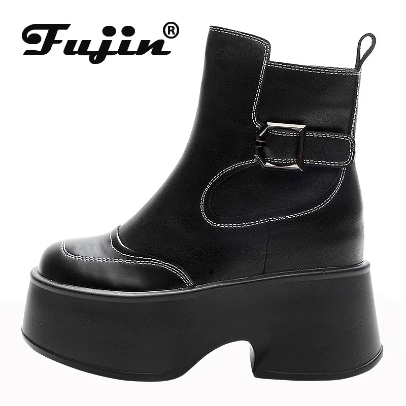 Fujin 14cm 2024 Patent Microfiber Leather Platform Wedge Fashion Autumn Booties ZIP Women Boots Spring Block Knee High Shoes