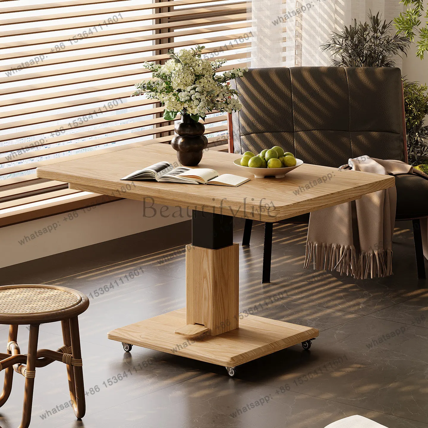 Ash wood movable lifting tea table two-in-one household solid wood coffee table dining table integrated dual-purpose