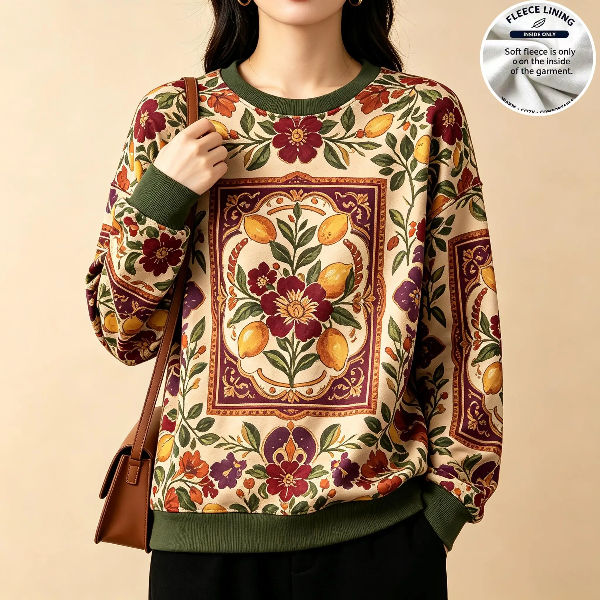 Sudadera de forro polar para mujer, con cuello redondo, estampado floral vintage con motivos de limones y marcos decorativos, manga larga, corte holgado, sin capucha, ideal para mantenerse abrigada.