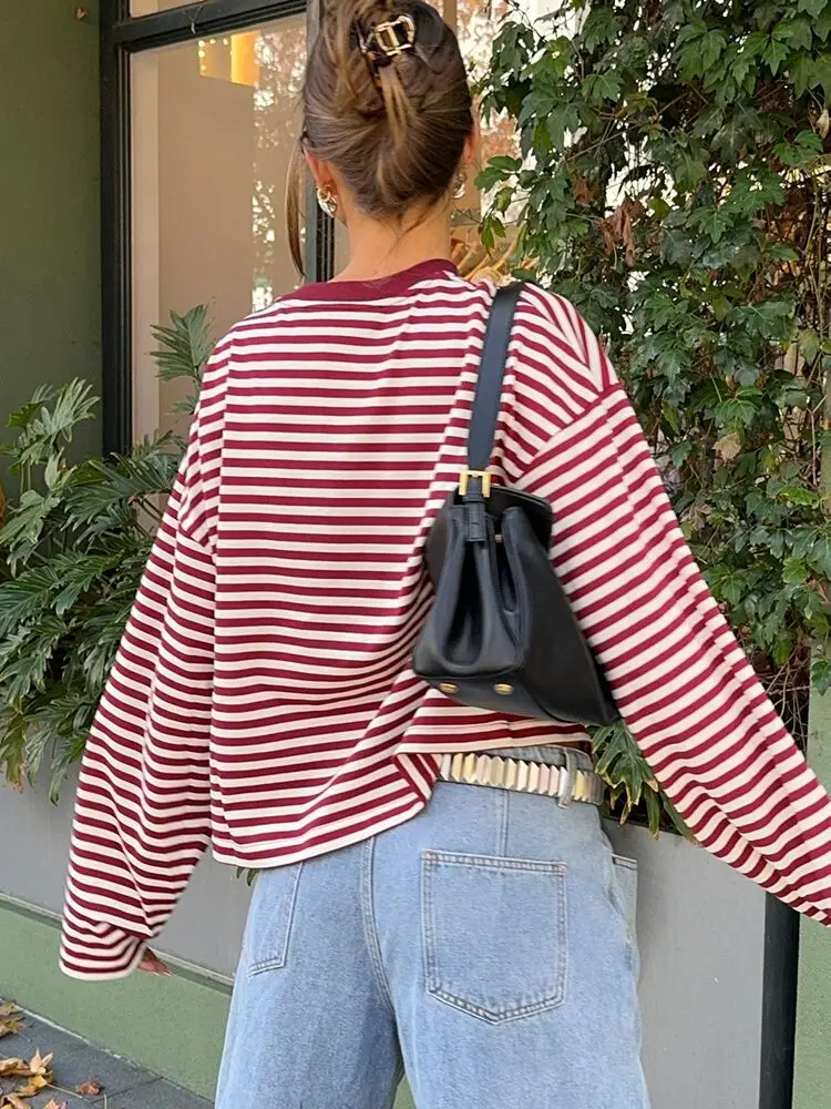 T-shirt ample à rayures pour femmes, col rond, manches longues, couleur contrastée, Patchwork, haut décontracté, Streetwear, automne 2025, 2025