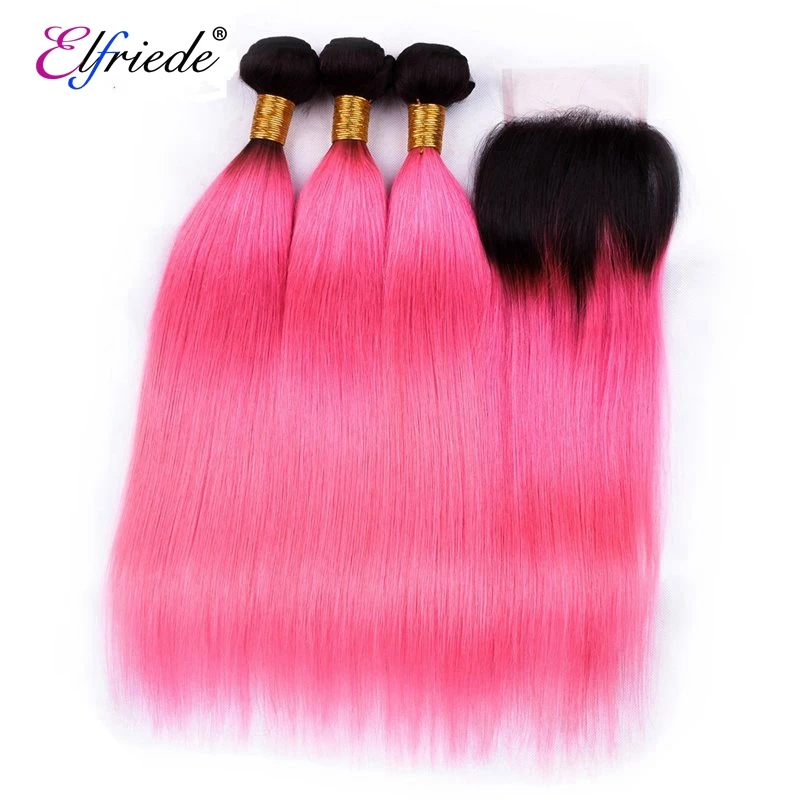 Elfriede Ombre 1B/Dark Pink Straight Hair Bundles with Closure Human Hair Wefts 3 Bundles with Transparent Lace Closure 4x4