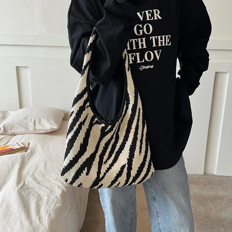 Zebra Pattern Women's Knitted Bag Casual Shoulder Bag Eco Bag Korean Shopper Knitting Handbags Daily Sling Sac Y2K Crochet Bag