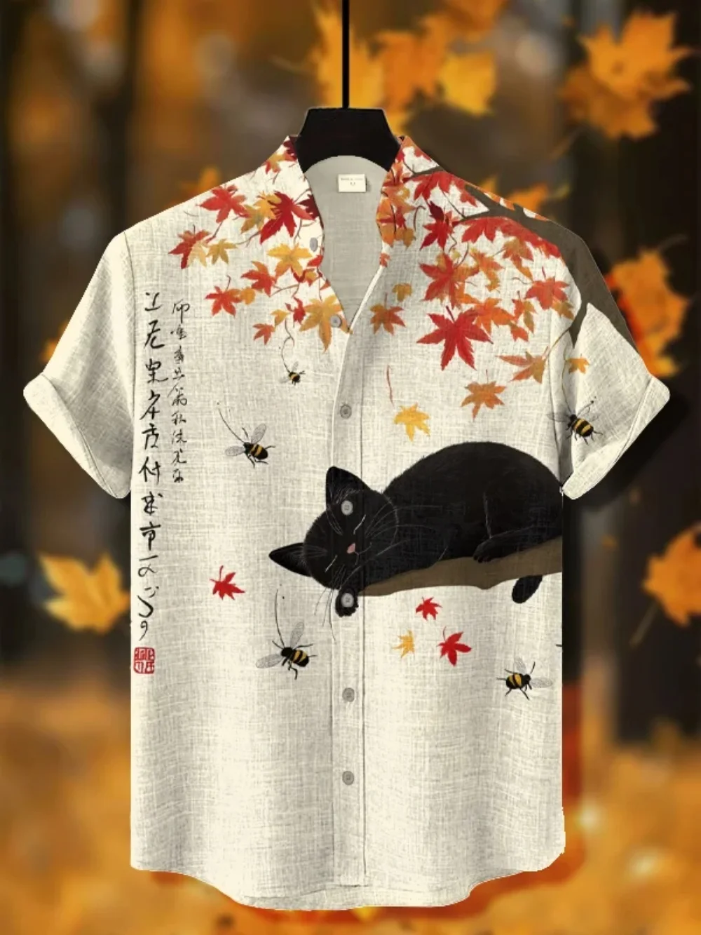 Men's Fashionable Black Cat Retro Print Shirt Short Sleeved Stand up Collar Cardigan Summer Casual Breathable Men's Clothing