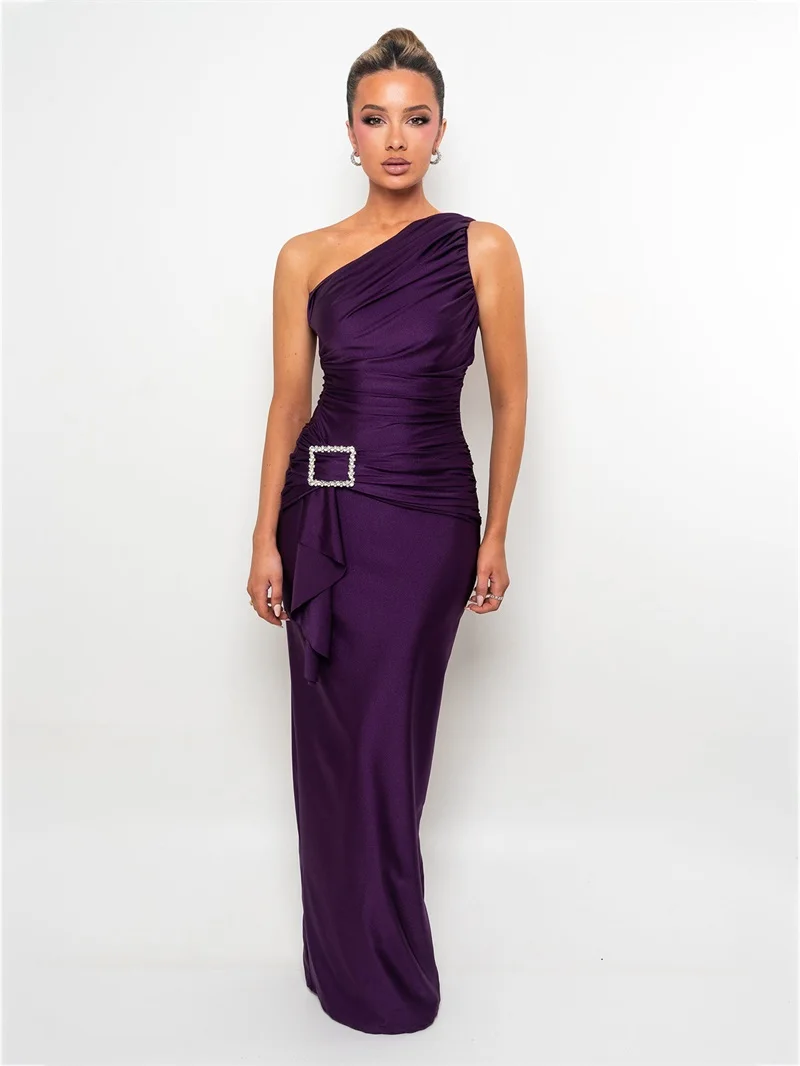 

One Shoulder Pleated Metal Ornament Women's Evening Dress Sleeveless Bandage Gown Purple Black Slim Party Skirt Newest In Stock
