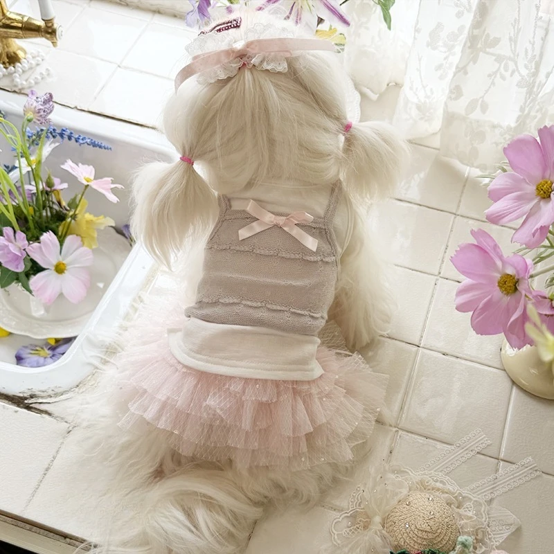 Sweet Style Fake Two-Piece Pet Cotton T-Shirt Hollow Lace Camisole Overlay Satin Bow Soft Breathable Summer Pet Sleeveless Top