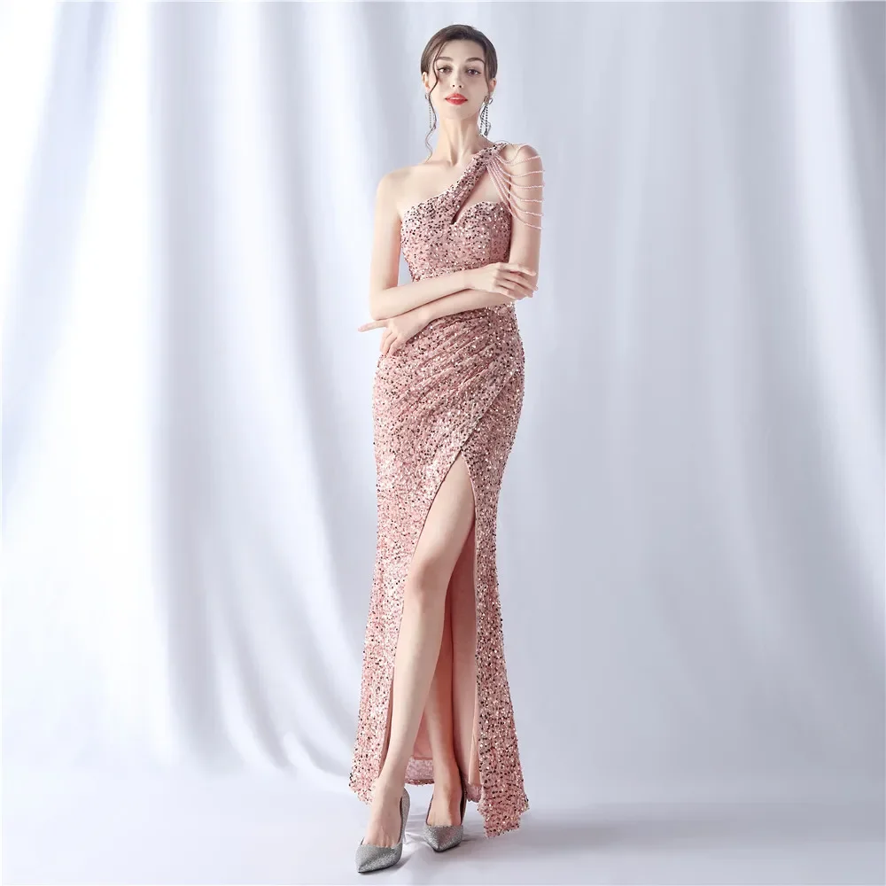 

Sladuo Women Sexy One Shoulder Sleevless Maxi Dress For Split Sleevless Long Evening Club Party Elegant Sequin Dresses Vestidos