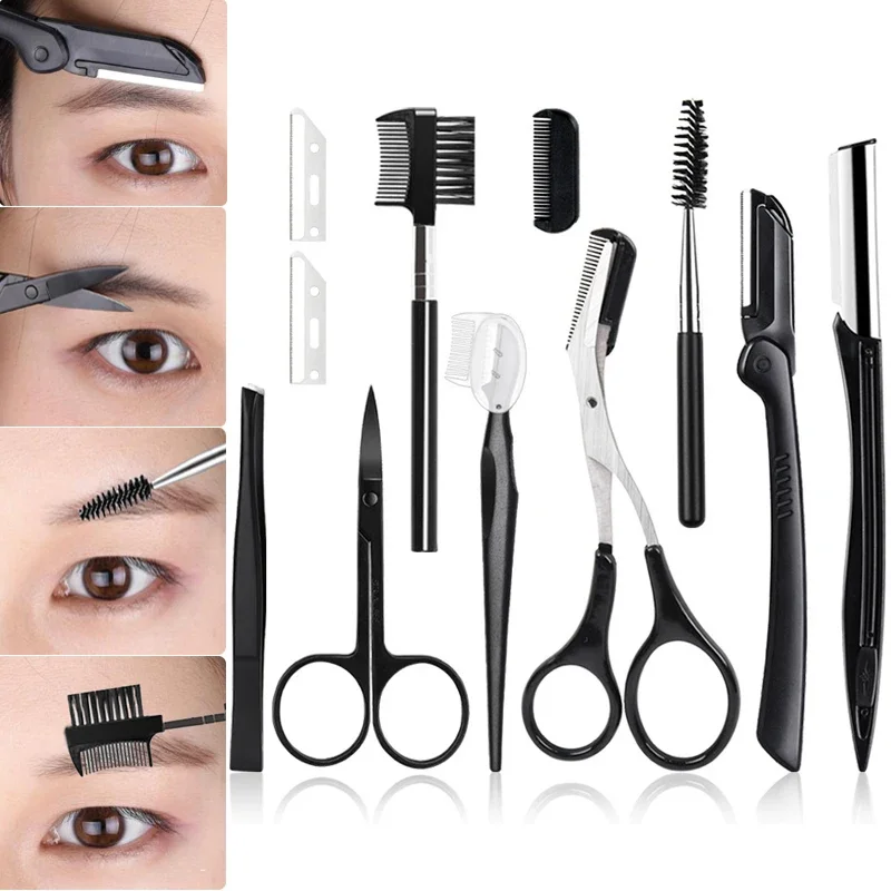 Tijeras negras para recortar cejas, pinzas de acero inoxidable, peine para raspar cejas, maquinilla de afeitar, Clip para cejas, juegos de herramientas de maquillaje