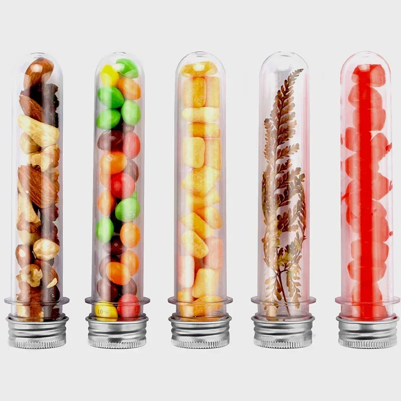 5pcs 30-100ml Empty Refillable Clear Plastic Test Tubes with Screw Aluminum Caps for Scientific Experiments Party Candy Storage