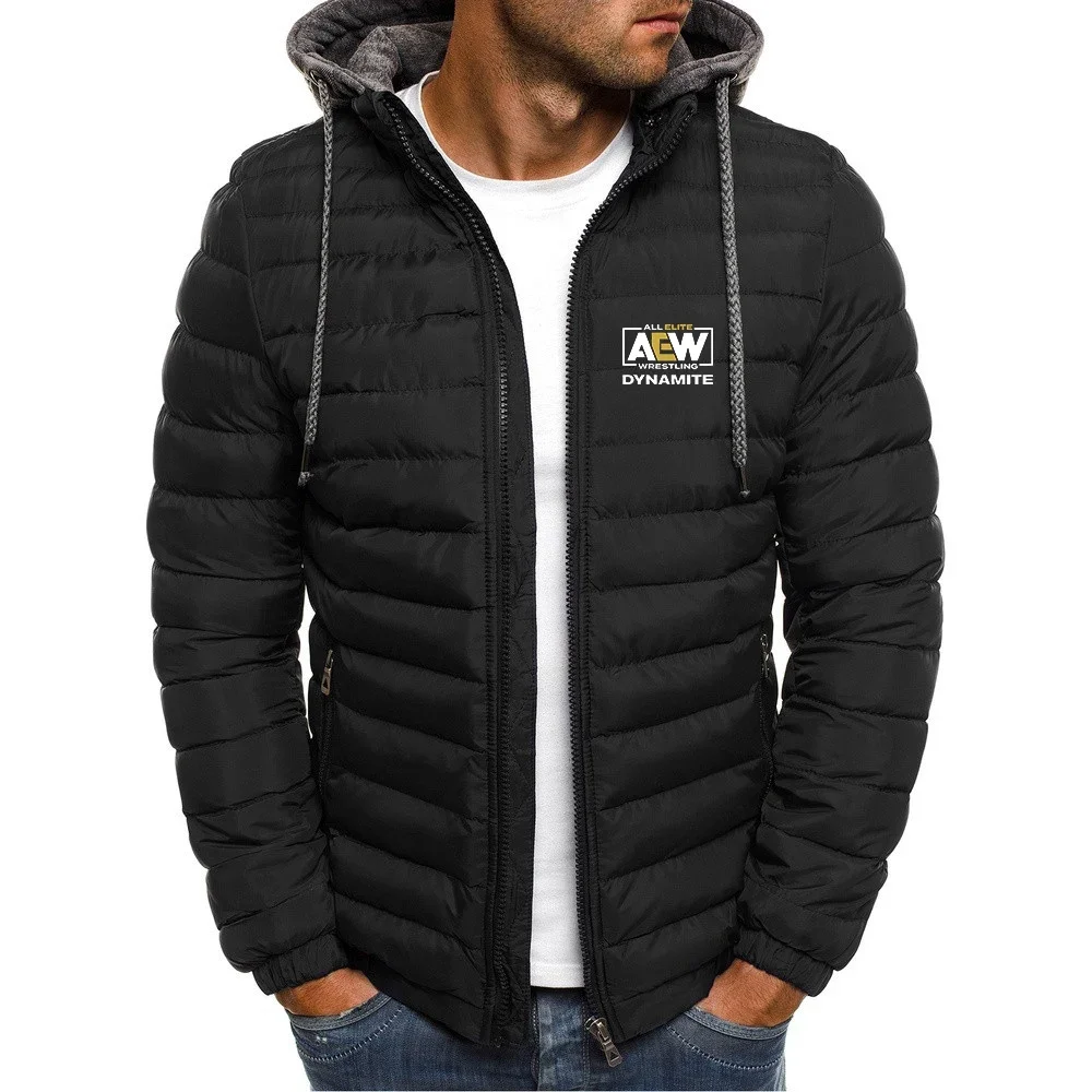 

All Elite AEW Wrestling 2024 Men New Winter Casual Warmer Slim Solid Color Zipper Coat Long Sleeves Hooded Cotton-padded Jacket