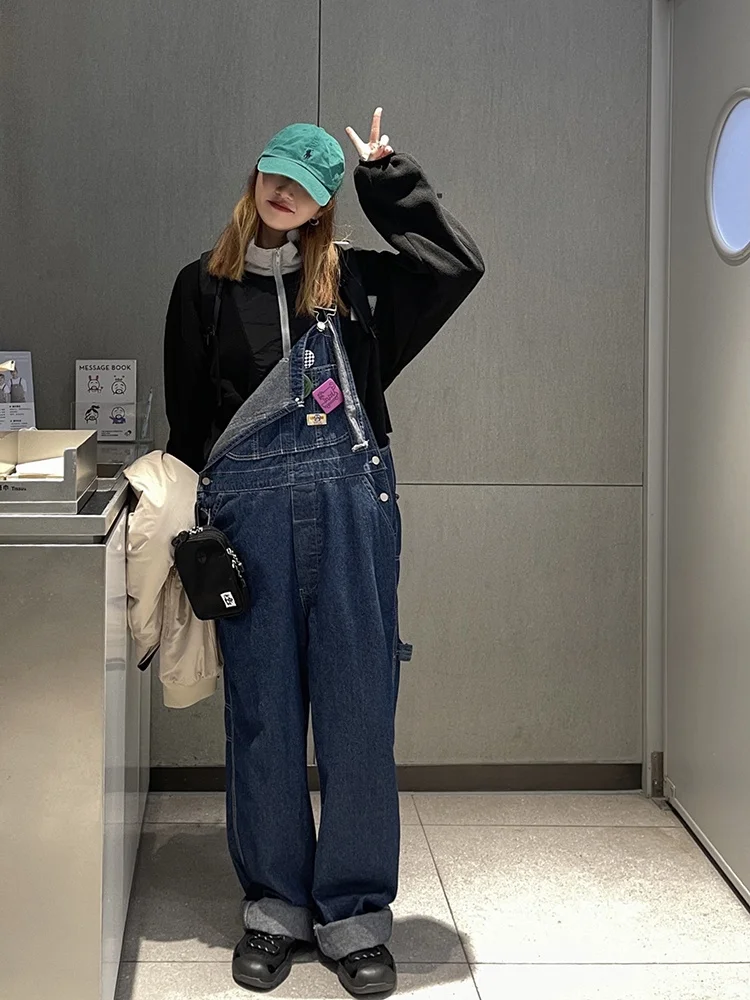 

Loose Wide Leg Denim Overalls Deep Blue Lazy Style High Waist Jeans Fabric Comfortable All Season Women's Fashion Casual Pants