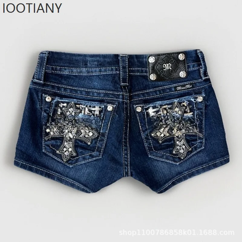Mini Shorts Womens Harajuku Vintage Cross Graphic Pockets Embroidery Low Waist Shorts Gothic Sexy Hot Girl Hip Denim Shorts 2026