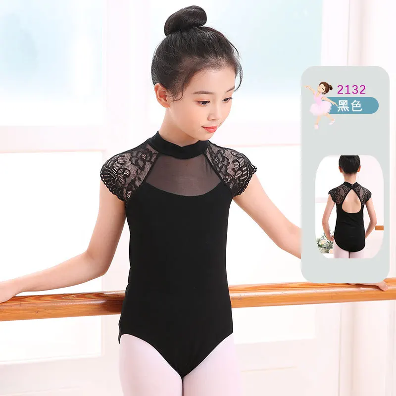 TR18 vestido de baile negro para niños, malla de encaje, body, vestido de entrenamiento para niñas