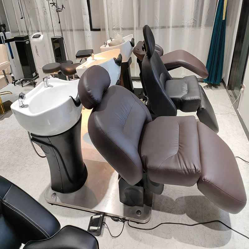Foshan Factory New Arrival High Quality Comfortable Modern Brown Hair Washing Electric Shampoo Chairs With Bowl
