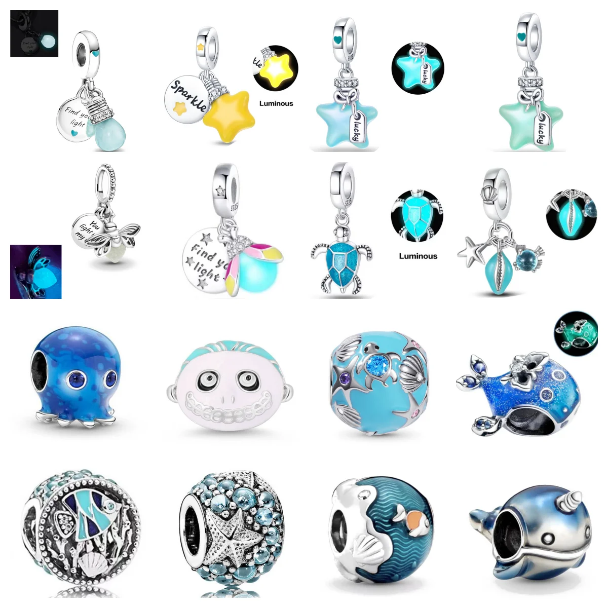 New Original 925 Silver Plated Bule Turtl Glow-in-the-dark Lightbulb Bead Charm Fit Pandora Bracelet Necklace Women Diy Jewelry