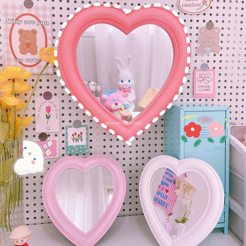 Heart-shaped Makeup Mirror Desktop Wall Hanging Dual-use Dormitory Dressing Mirror Pink White Girls Room Decoration Mirror