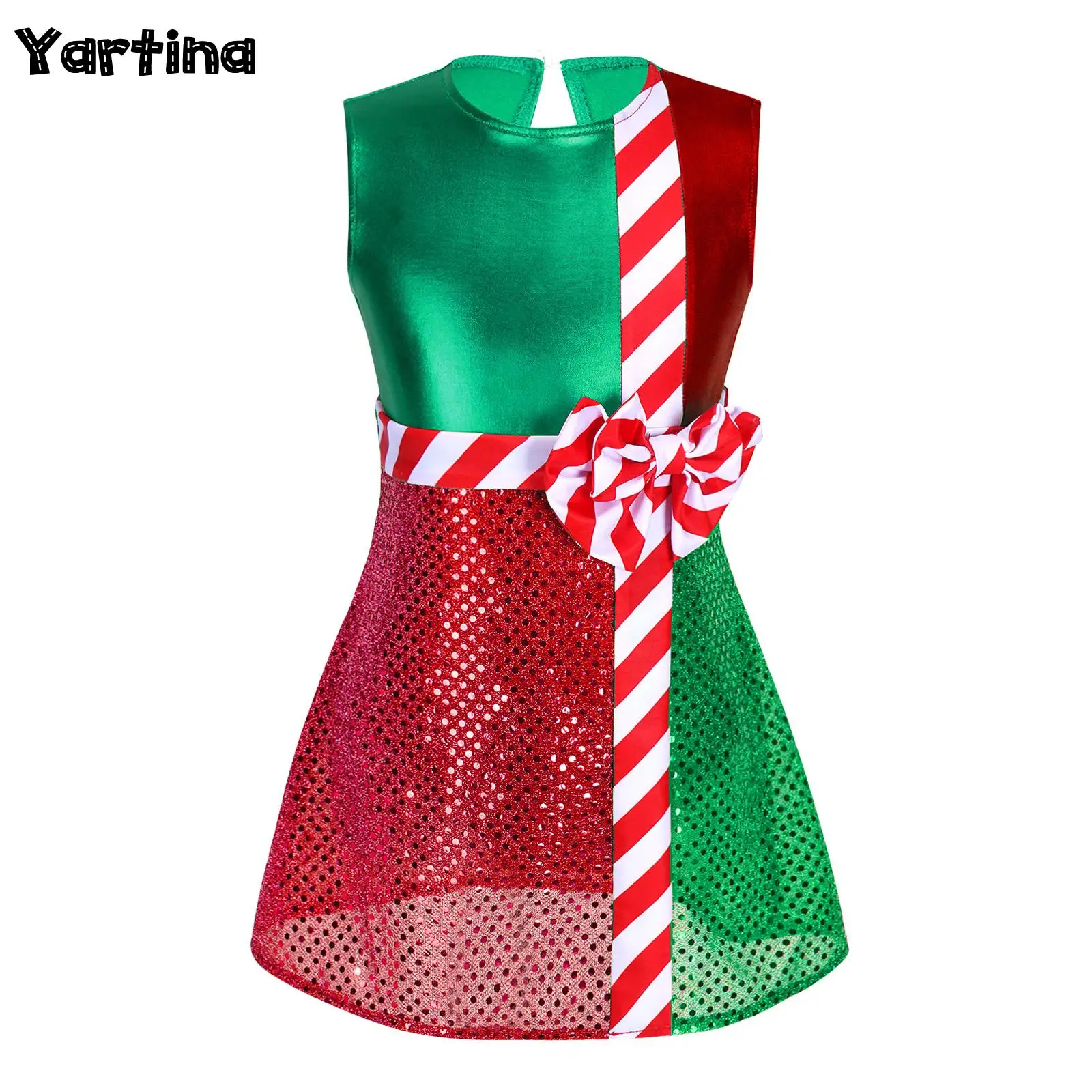 

Kids Girls Striped Xmas Elf Christmas Shiny Layer Skirt Jumpsuit Santa Claus Cosplay Costumes Gymnastics Figure Skating Costume