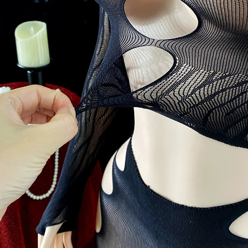 1 Juego de vestido Sexy de rejilla para mujer, mangas largas sin Bikini para festival de música, vestido ajustado ahuecado para vacaciones K252