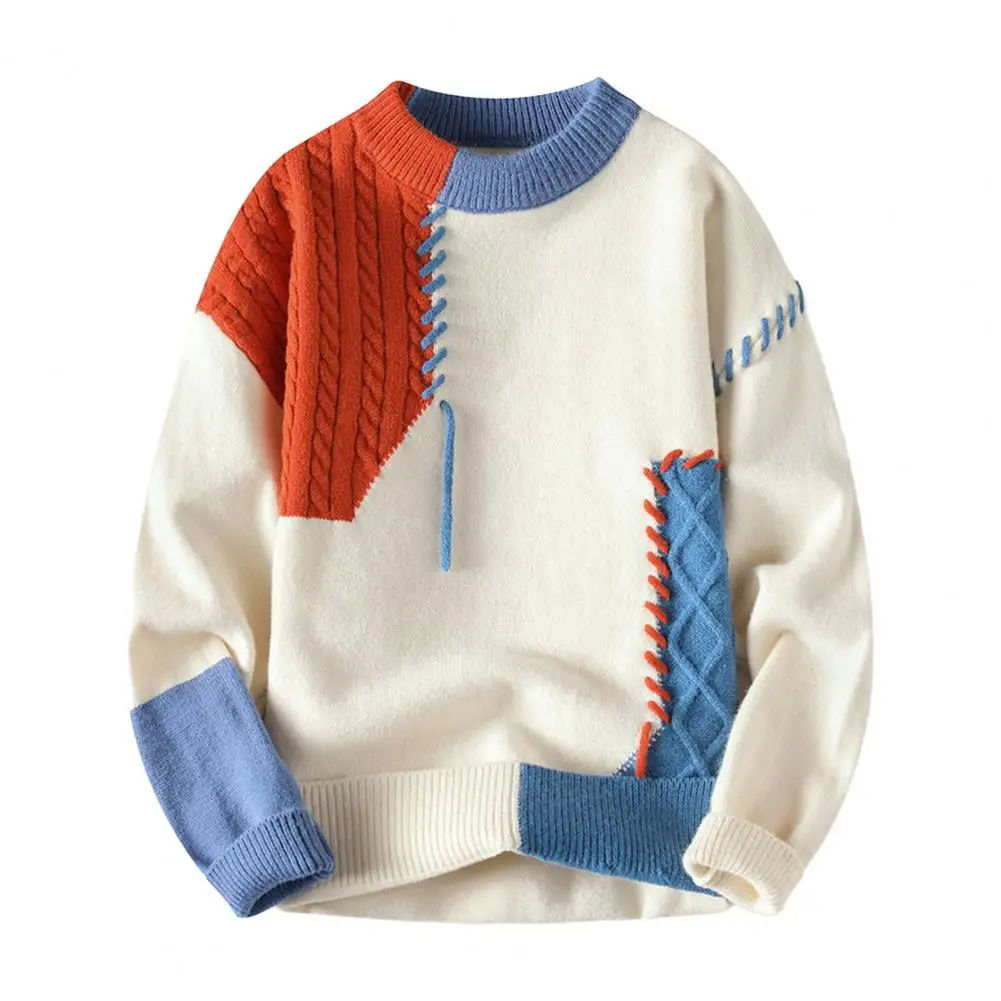 

Autumn Men Sweater Color Blocking Slicing Design Loose Knitted Pullover Thick Warm Bottoming Sweater Work Dating Sweater