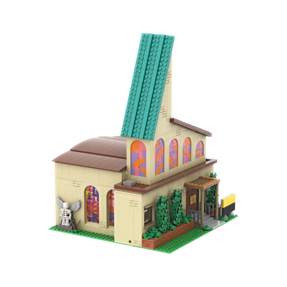 MOC Popular Anime Simpsinged Street View Bricks Model Modular Springfield Church Architecture Building Blocks Assemble Toy Gifts