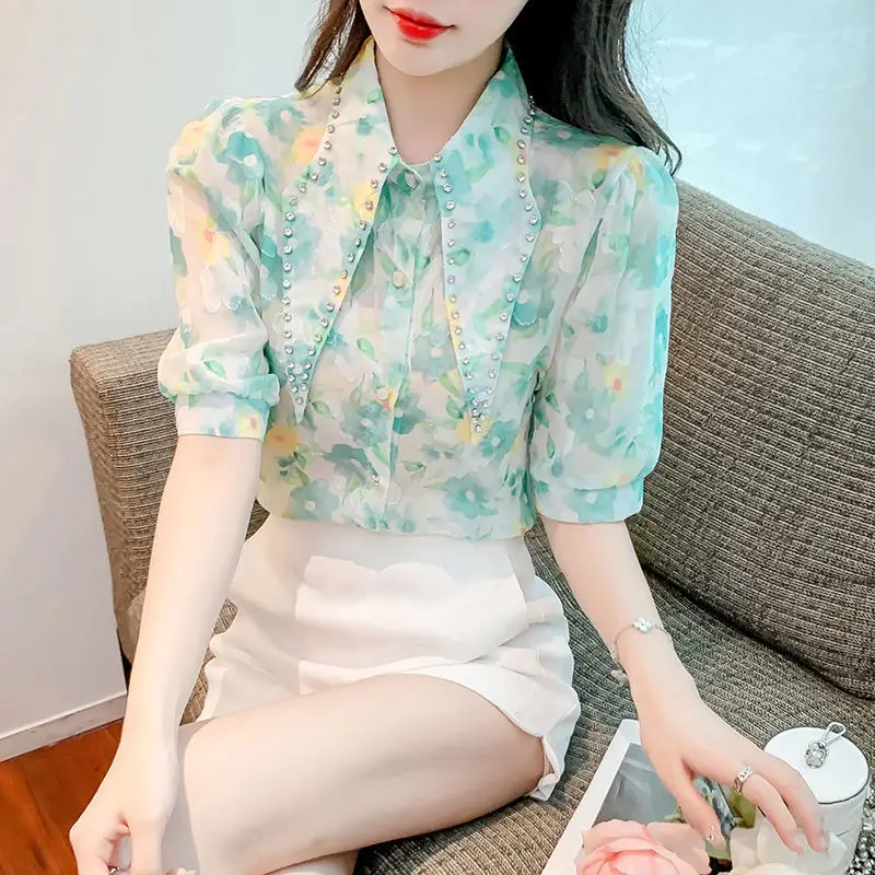 Fashion Puff Sleeve Printed Lapel Diamonds Loose Chiffon Shirt 2022 Summer New Commute Tops Elegant Female Clothing Sweet Blouse