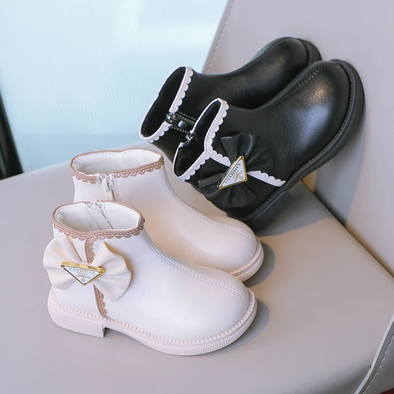 Low Top Bow Child Princess Boots Beige Black Girls Leather Shoes Child Pretty Leather Princess Shoes Beautiful Fashion Kids Boot