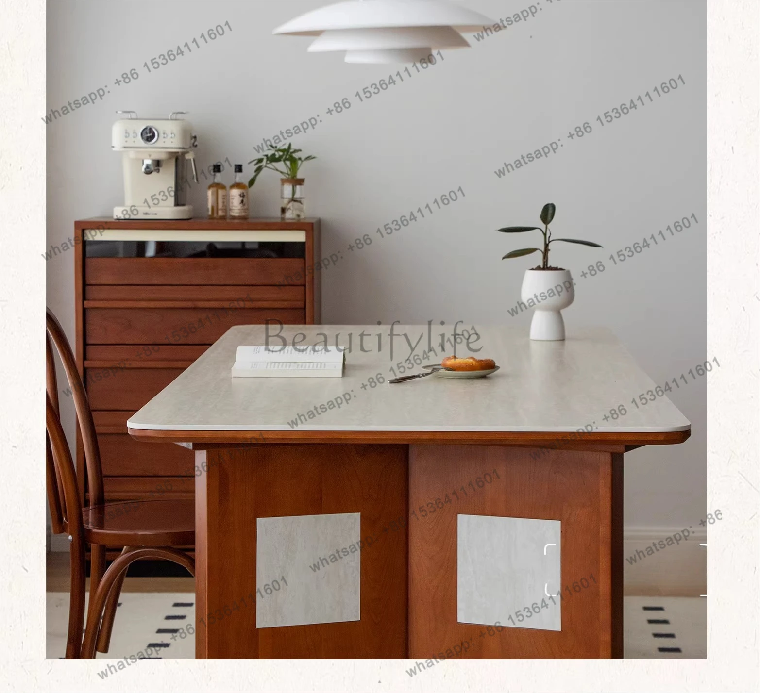 Medieval travertine rock slab dining table long French retro solid wood cream wind cherry wood