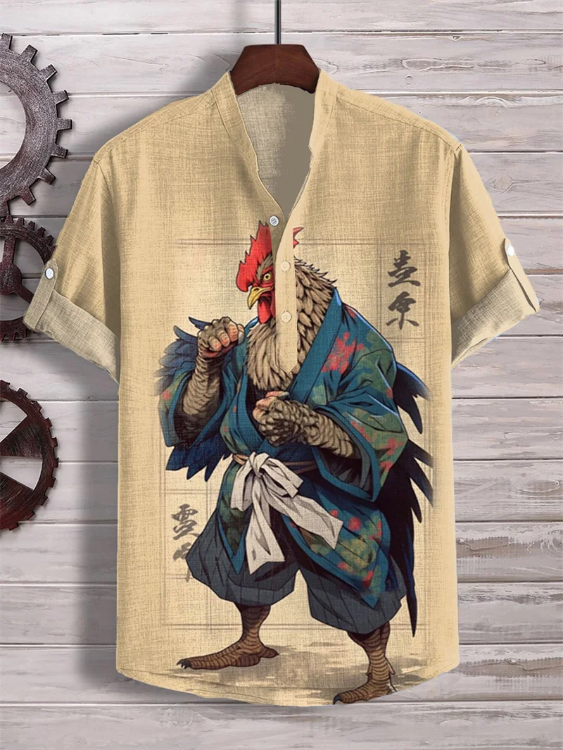 

Men's Hawaiian Art Print Short Sleeve Loose Three-Breasted Shirt 3D Casual Fashion Animal Rooster Series Casual Linen Cardigan T