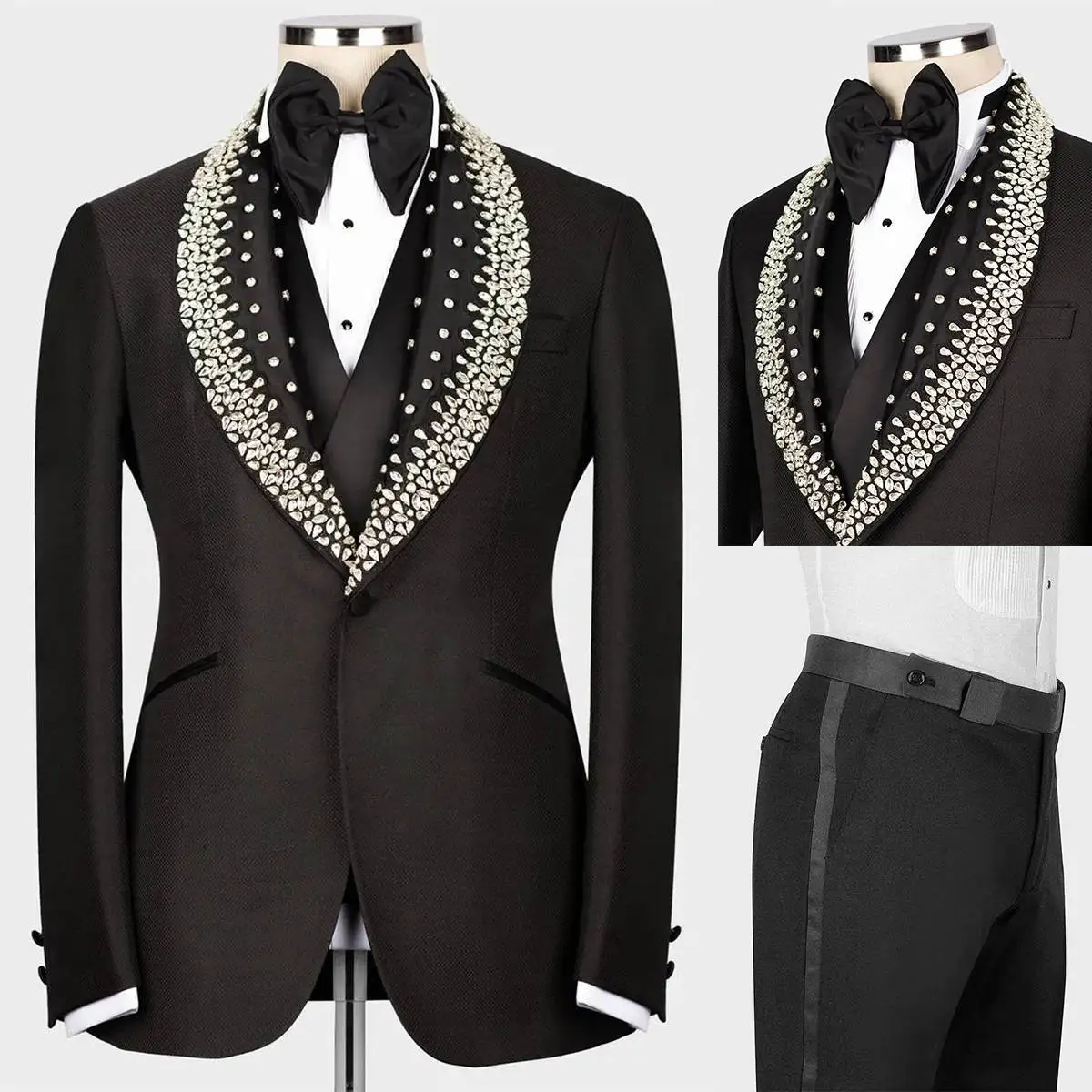 Gorgeous Beading Mens Wedding Tuxedos Crystal Shawl Lapel Groom Wear Dinner Business Birthday Party Ceremony Outfits 3 Pieces