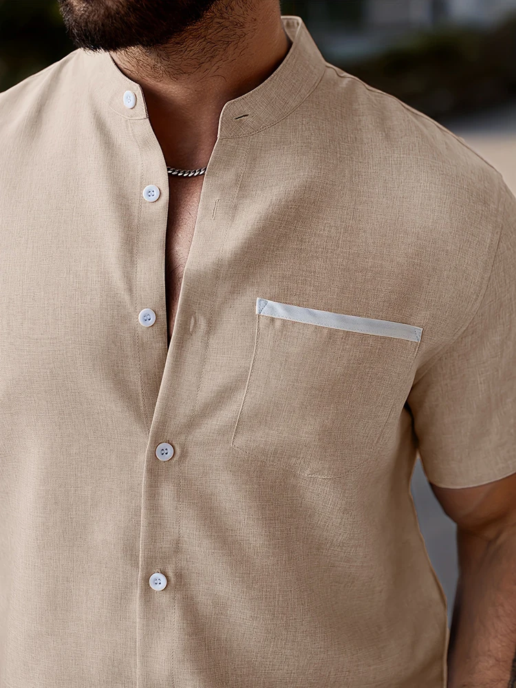 

Leisure Breathable Thin Shirts For Mens Summer New Casual Short Sleeve Button-up Cardigan Tops Men Vintage Stand Collar Shirt