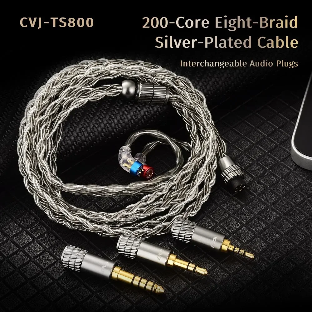 CVJ TS800 200Core Eight-Braid Silver-planted Upgrade Audio Cable Earphones HIFI Audio Wire 2.5/3.5/4.4mm Switchable Plug S-2Pin