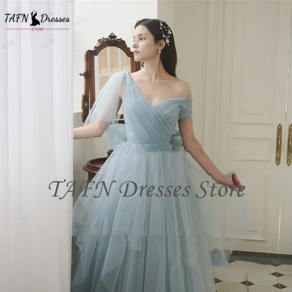 TAFN Fairy Tulle Long Dusty Blue Prom Dresses Lady Floor Length Evening Gowns Wedding Party Dress customized