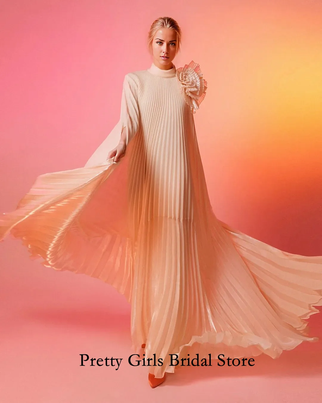 Arabic Morden Style High Neck Evening Dresses With Pleated Full Sleeves Formal Pink Classic Prom Growns Party Women Bride