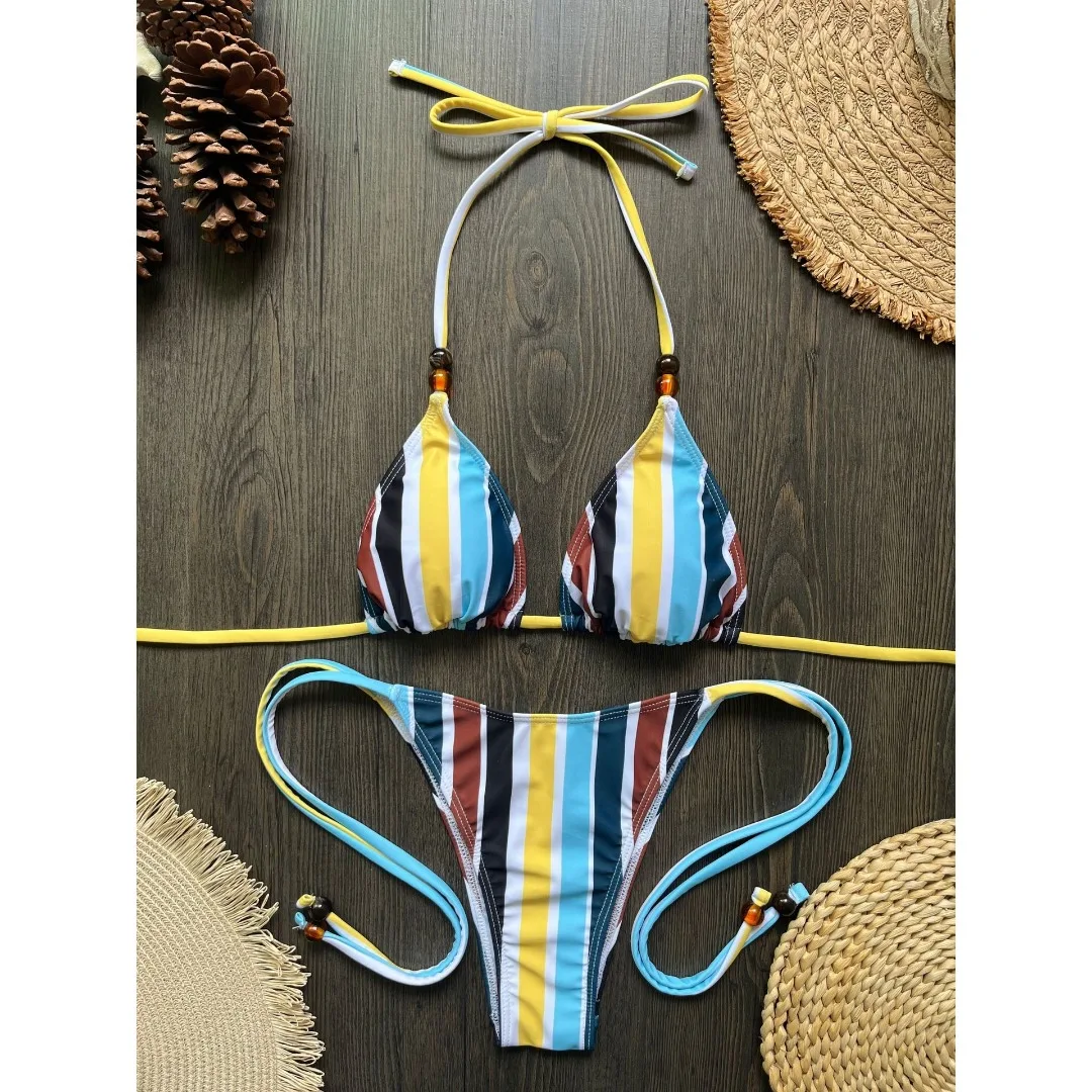 Neuer gestreifter Neckholder-Bikini, Damen-Badeanzug, zweiteiliges Bikini-Set mit hohem Beinausschnitt, Badebekleidung, Badeanzug, Schwimmanzug V8500 – Detail 4
