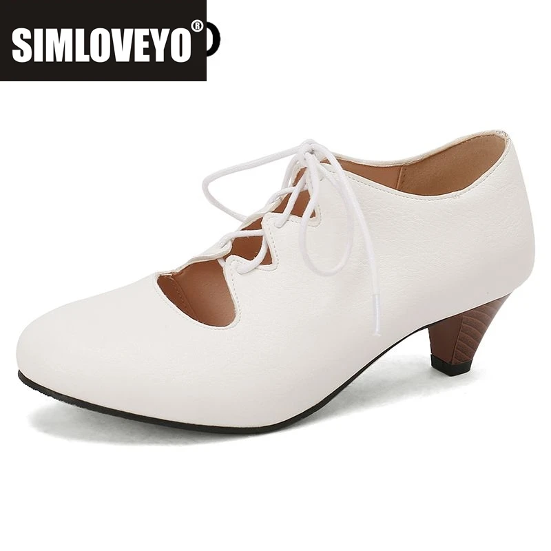 

SIMLOVEYO Повседневные женские туфли-лодочки для отдыха с круглым носком, необычные каблуки, 5 см, на шнуровке, большие размеры 48 49 50, мягкие офисные женские туфли, весна 32 33
