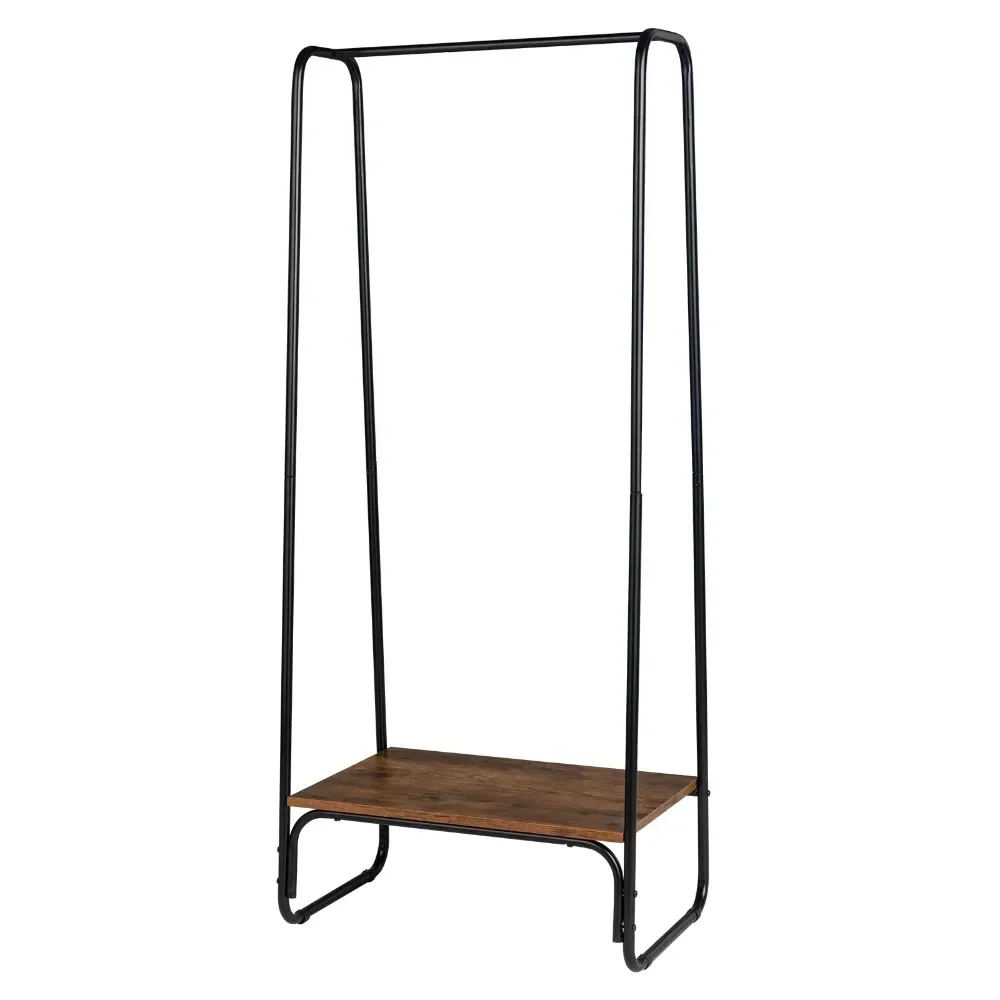 

Clothes Rack with Wood Shelf, Freestanding Clothing Racks，Garment Racks, Standing Metal Sturdy Clothing Rack, Black