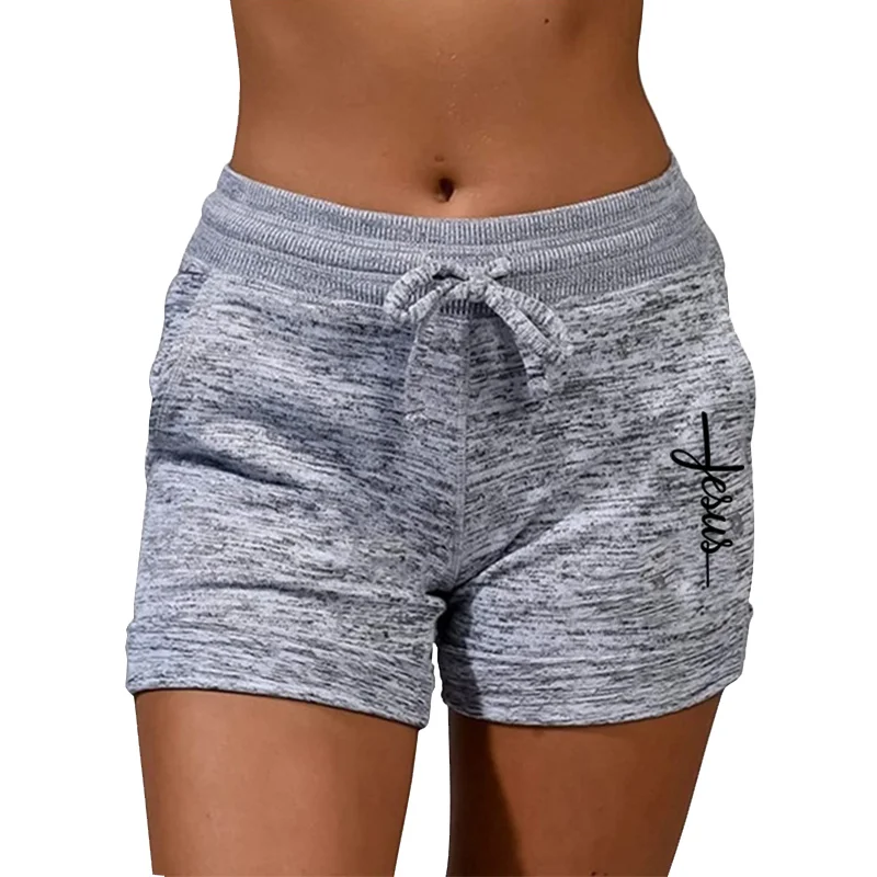 Minimalistische Yoga-Shorts mit Schrift |   Line Art Sporthose mit Jesus-Motiv |   Atmungsaktive, baumwollähnliche Trainingskleidung, 5 Größen S-4XL