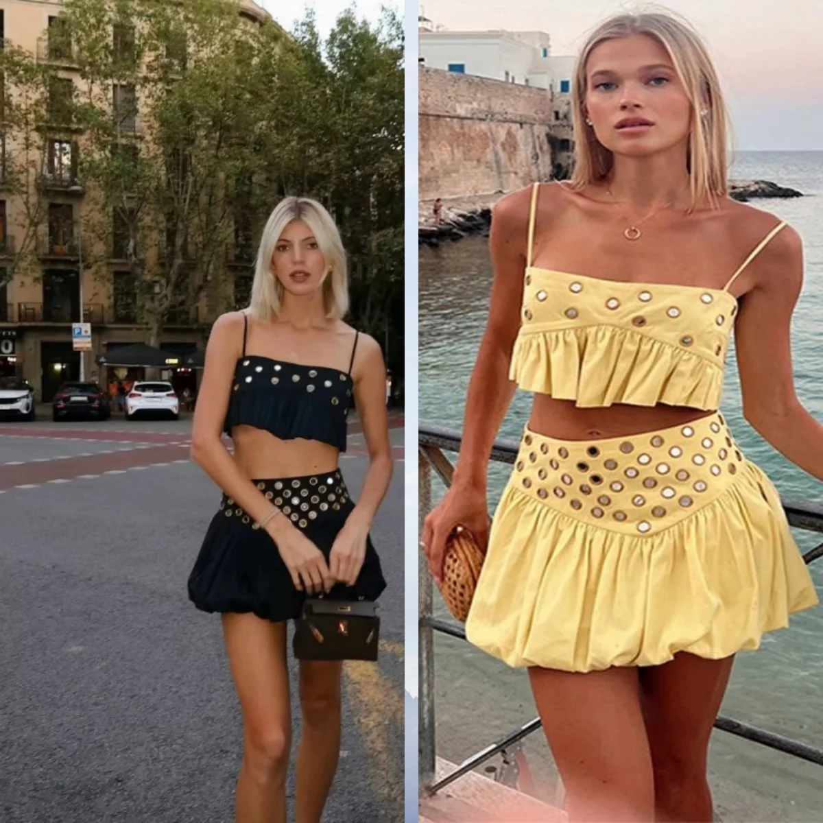 

FashionWomen Metal Hollow Pleated Suspender Skirt Suit Sexy Sleeveless Vest High Waist Mini Skirt Lady Vacation Dress Set