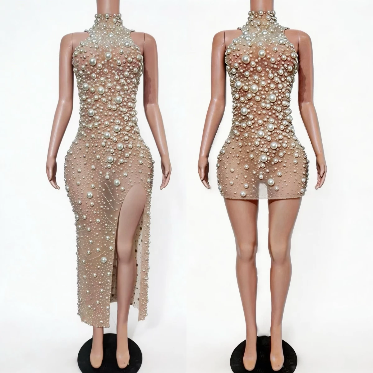 

Elegant Luxury High-end Pearls Dresses Sexy Women Mesh Birthday Party Evening Gown Gala Red Carpet Formal See Through Mesh Dress