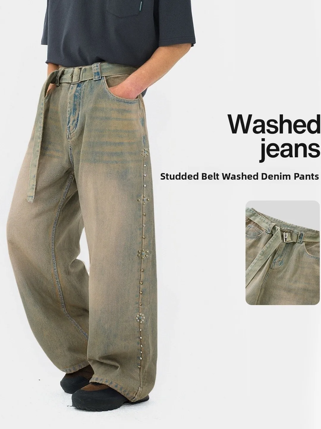 

Retro Waed Casual Jeans Belt Diamond Embellied Waisand New Autumn Collection Youth Loose Straight Leg Stand Fit Jeans