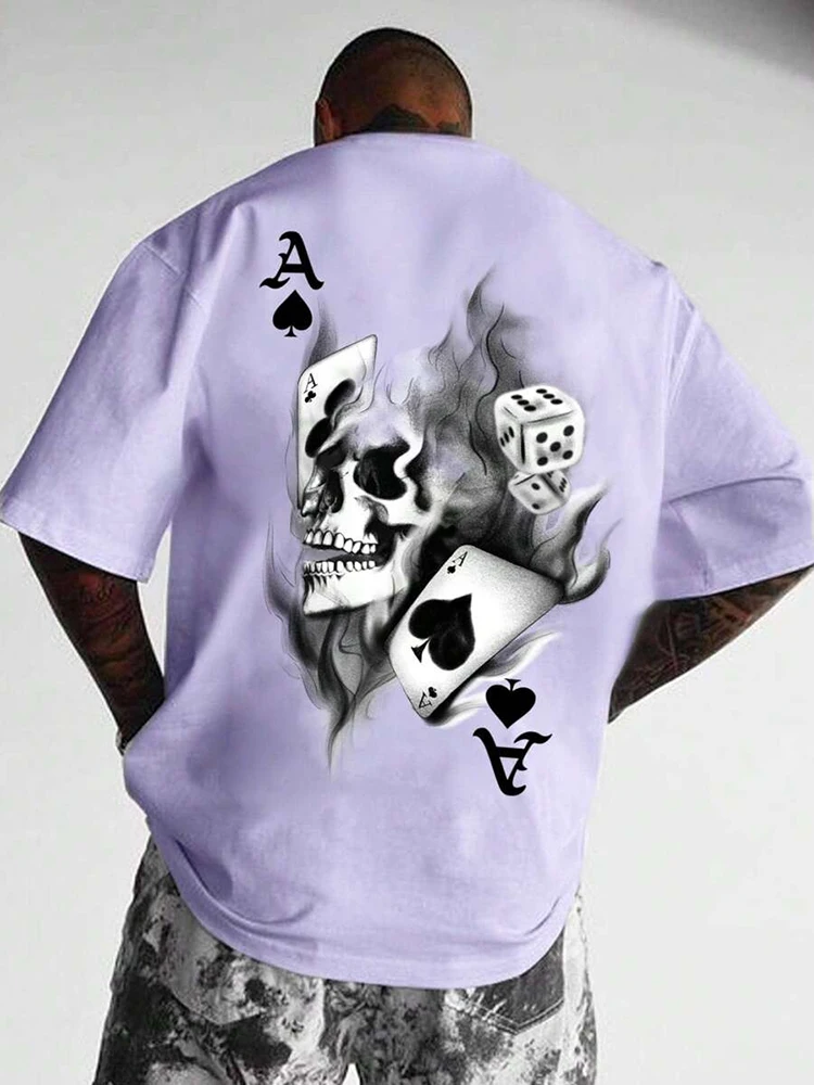 2024 New Daily Street Casual Men's T-shirt Summer Urban Fashion Men's Short-sleeved Top Smoke Skeleton Poker Printed T-shirt