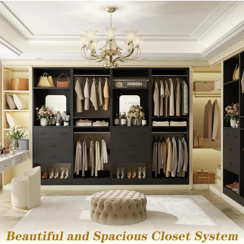 8.3-Foot Large Walk-In Closet Organizer with Drawers, Hanging Rods, and Mirrored Design