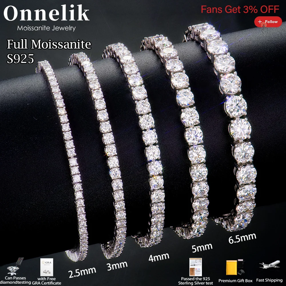 

Onnelik Full 2.5-6.5mm D Color Moissanite Tennis Bracelet for Woman Man Sparkling Diamonds with GRA S925 Sterling Sliver Hip Hop