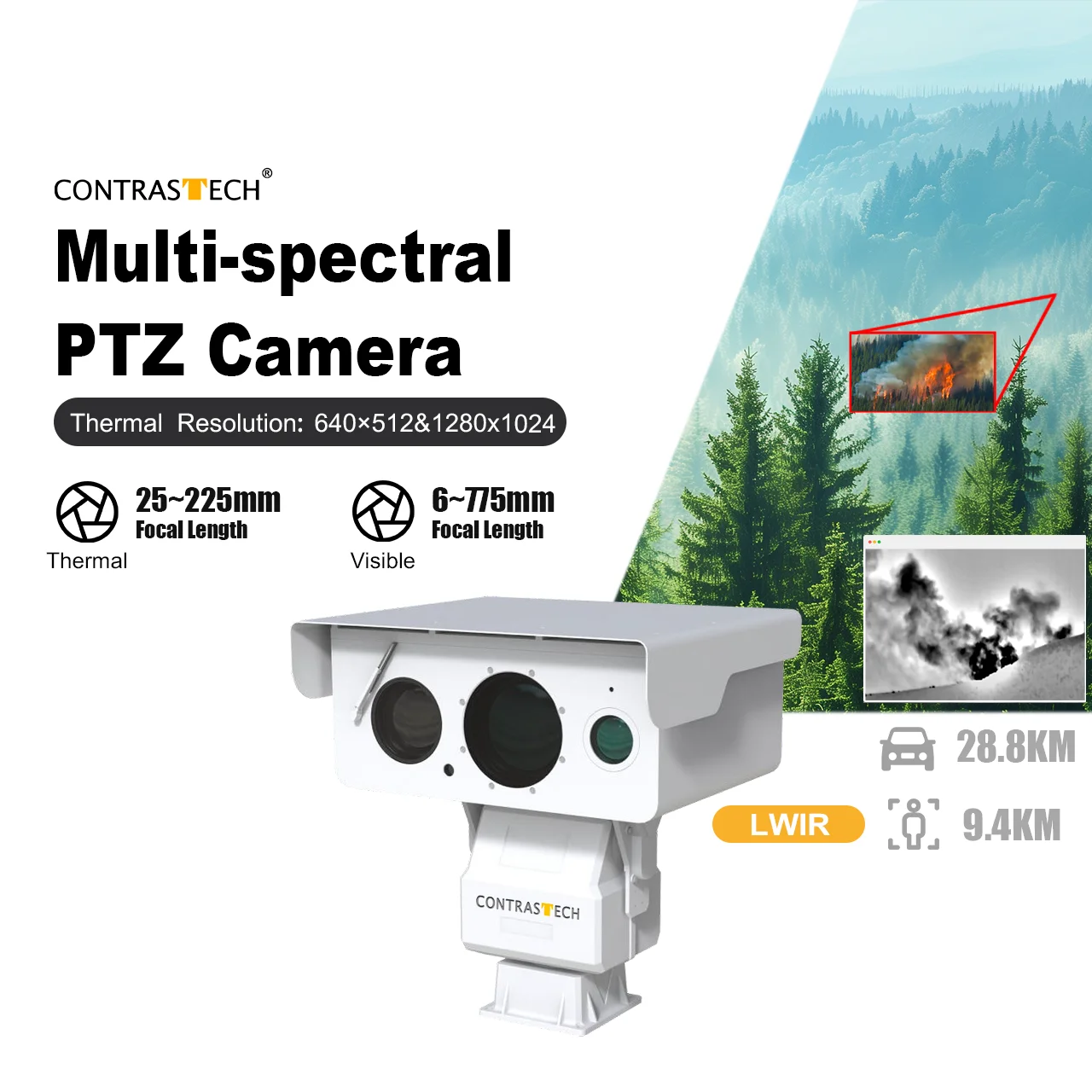 Dual Sensor 4MP Multi-Spectrum LWIR Network Long Range Zoom Thermal PTZ Camera for Border Surveillance Contrastech